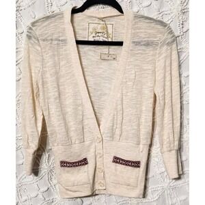POOF Sweater Womens L  Braided Ribbon Trim Cardigan Oatmeal Cottage Prairie‎